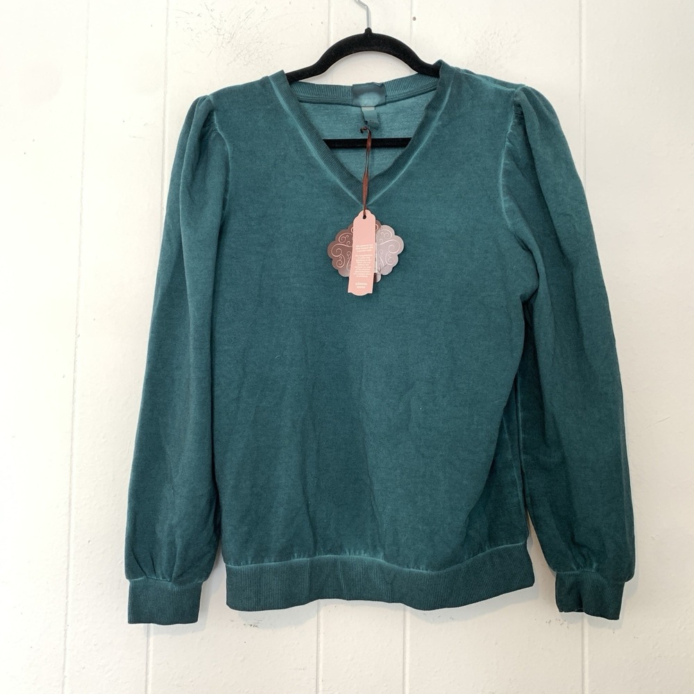 Knox Rose Womens XS Sweatshirt Sweater V Neck Puff Sleeve Teal Acid Dyed NEW